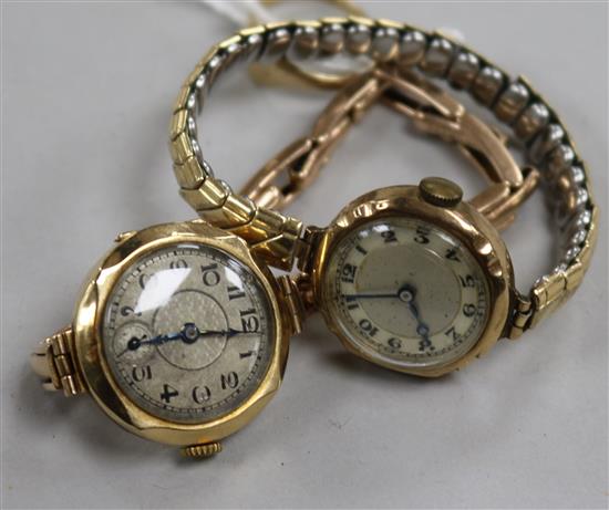 Two 9ct gold cased wrist watches, one with 9ct gold strap and a 9ct gold signet ring.